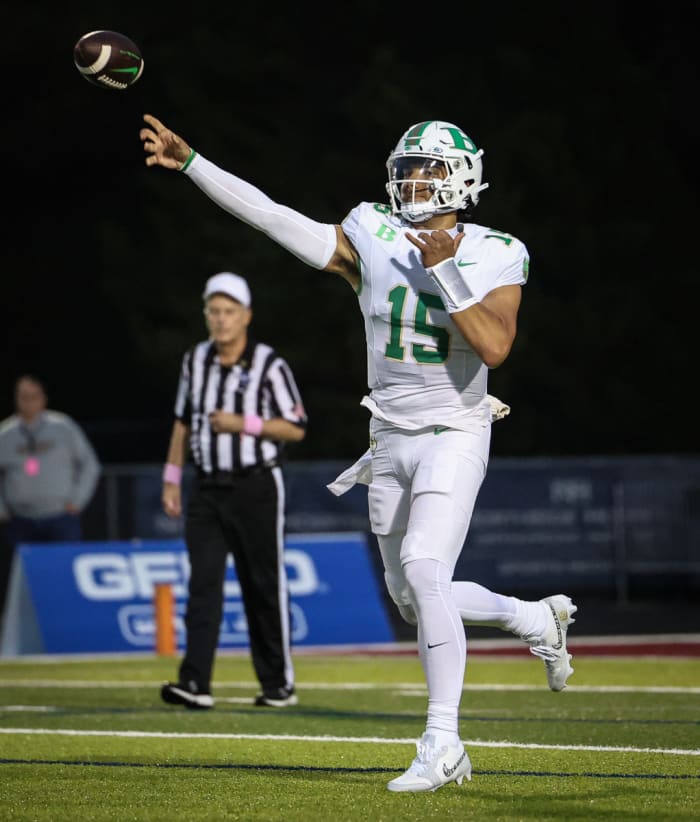 Buford's Dylan Raiola unleashes a pass against Mill Creek. 11/13/2023